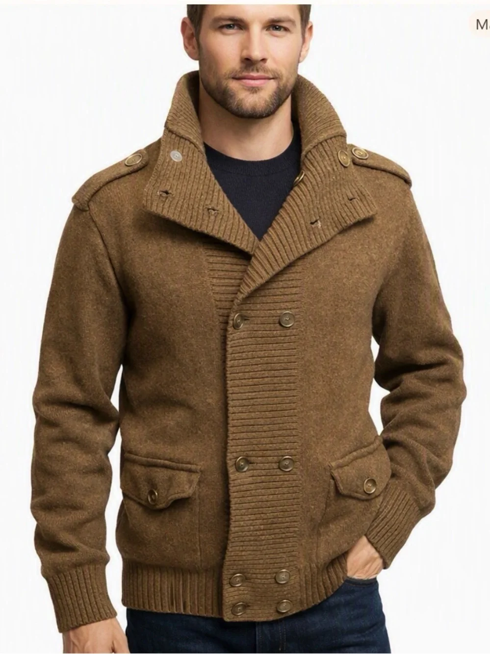 Men’s Lambswool Khaki Double‑Breasted Cardigan w/ Epaulettes – Tasso Elba M